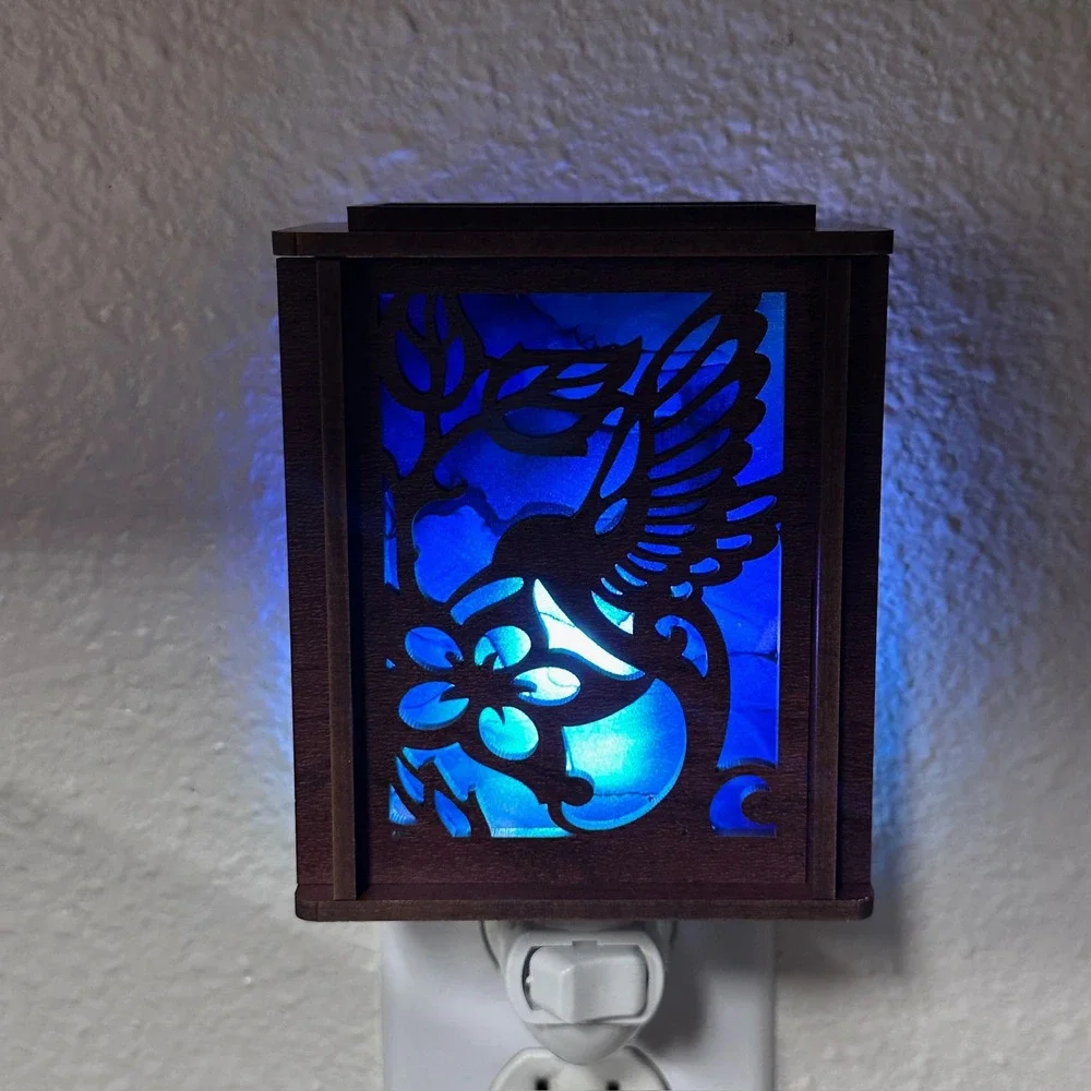 Hummingbird Lantern Night Light Wood Laser Cut Blue Light Plug In‎ Handmade